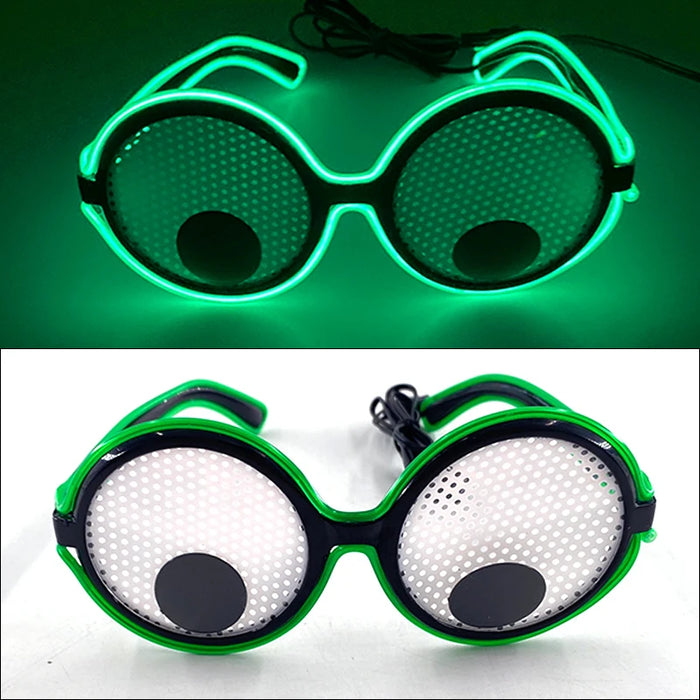 Gafas de neón con ojos móviles LED, musicales, rave, fluorescentes, para fiesta de Navidad, decoración, con montura redonda, divertidas, estilo dibujos animados.