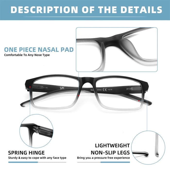 MODFANS Stylish Gradient Rectangle Men's Blue Blackout Reading Glasses, UV Protection, Comfort Spring Hinge Glasses