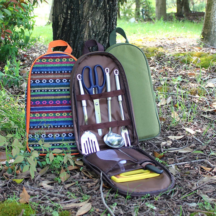 Juego de utensilios de cocina de camping de 7 piezas con bolsa de transporte para barbacoa, playa, senderismo, viajes, organizador, almacenamiento, utensilios de cocina, equipo