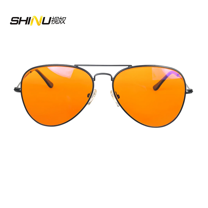 SHINU Gafas con lentes de bloqueo de luz azul para hombre, lentes naranjas, filtro de luz azul, mejor sueño y descanso, montura de metal