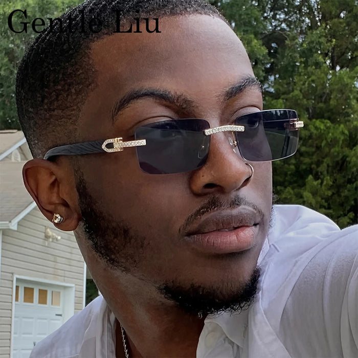 Y2K Rectangle Rimless Sunglasses Men Vintage Sun Glasses For Male 2026 Luxury Rhinestone Eyewear Punk Fashion Frameless Shades