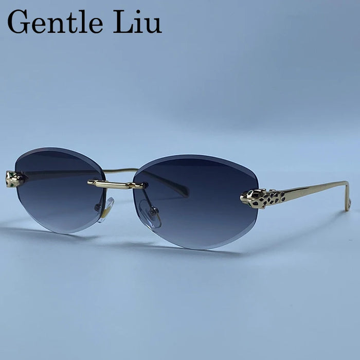 Rimless Leopard Head Sunglasses Men Luxury Designer Vintage Small Oval Sun Glasses Male Metal Frame Eyewear Retro Driving Shades