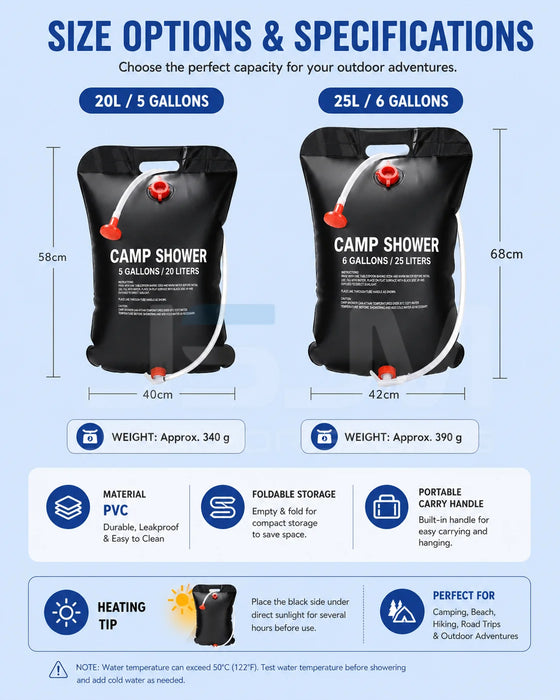 Bolsa de ducha solar de camping de 20L/25L, bolsa de ducha portátil para exteriores con cabezal de ducha, bolsa de almacenamiento de agua plegable para senderismo, viajes, camping
