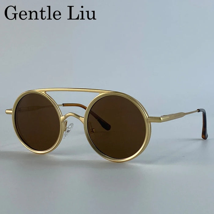 Steampunk Round Double Beam Sunglasses Men 2026 Luxury Brand Trendy Punk Metal Frame Sun Glasses For Male Driving UV400 Eyewear