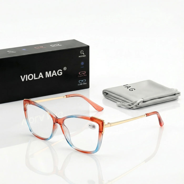 VIOLA MAG Lunettes de lecture œil de chat contrastées, branches métalliques anti-lumière bleue, pour femme, bureau, trajet quotidien
