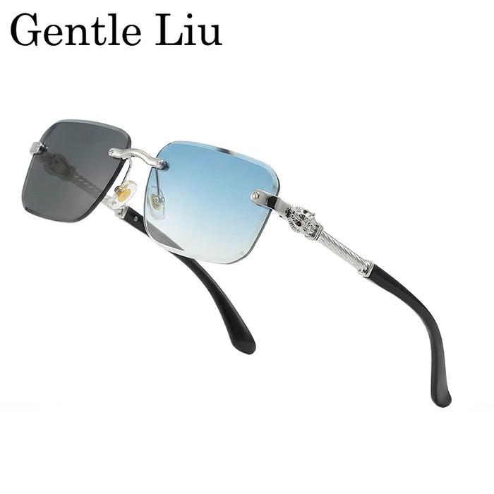 Gafas de sol fotocromáticas sin montura vintage para hombre 2026, de diseñador de lujo, cuadradas, sin montura, con cabeza de leopardo, gafas de sol para conducir, con sombra.
