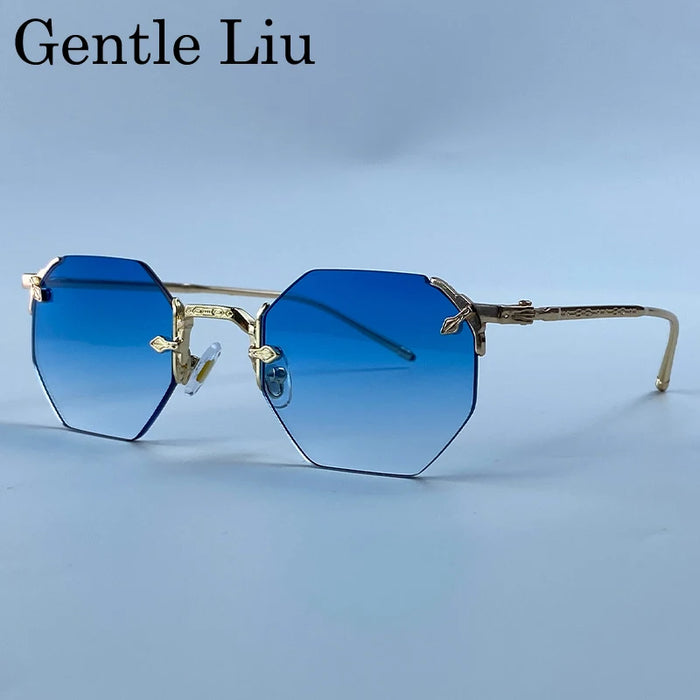Vintage Rimless Octagon Sunglasses Men 2026 Luxury Designer Steampunk Gold Metal Frame Sun Glasses Retro Hip Hop Frameless Shade