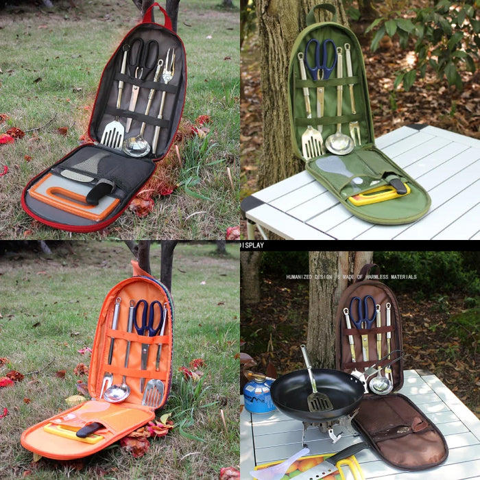 Juego de utensilios de cocina de camping de 7 piezas con bolsa de transporte para barbacoa, playa, senderismo, viajes, organizador, almacenamiento, utensilios de cocina, equipo