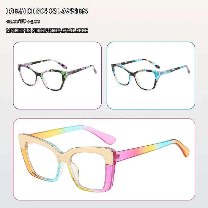 Lot de 3 lunettes de lecture œil-de-chat à fleurs pour femmes, ensemble de lunettes de presbytie tendance de couleurs dégradées et à motifs floraux mixtes