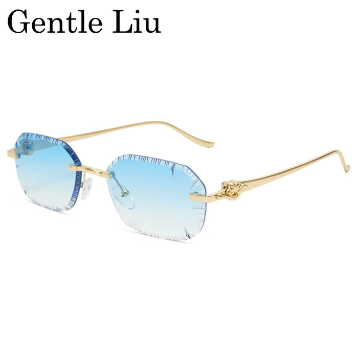 Petites lunettes de soleil rectangulaires punk sans monture homme 2026, monture léopard de luxe sans bords, verres découpés, style rétro, monture métal doré