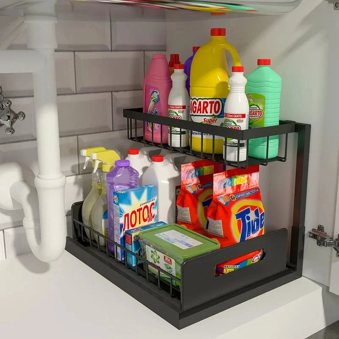 Expandable Double Layer Pull Out Under Sink Organizer Basket Kitchen Cabinet Storage Space Organization Tool