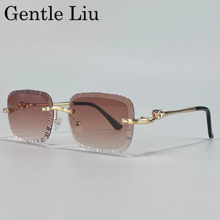 Rimless Square Sunglasses Men 2026 Luxury Brand Cut Edge Eyewear Trendy Leopard Head Sunglass For Male Punk Metal Frame Shades