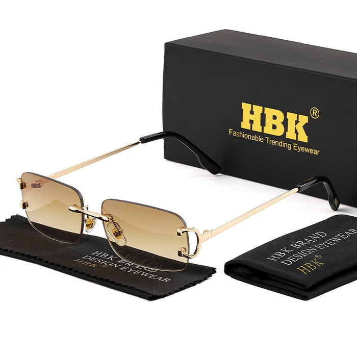 HBK Retro Rimless Small Sunglasses Women Metal Rectangle Gold Frame Brand Design Men Eyewear Driving Travel Beach Eyewear UV400