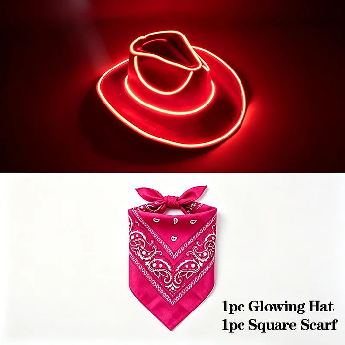 Juego de sombrero de vaquero que brilla con alambre EL, pañuelo cuadrado, luz de neón, sombrero para mujeres y hombres, fiesta de Halloween, disfraz de cosplay