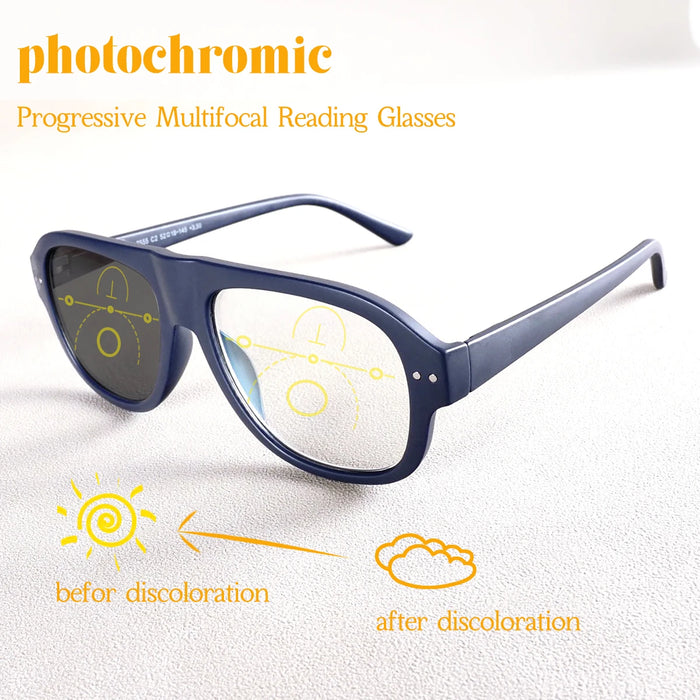 Progressive Multifocal Reading Glasses Men Women Oval Photochromic Presbyopic Eyeglasses Classic Rivet Anti Blue Light Diopter