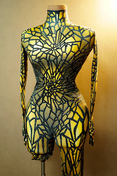 Combinaison scintillante en strass pour femmes, manches longues, tenue de soirée boîte de nuit, bal, tenue de chanteuse danseuse, costume de danse de performance, vêtements de scène B171
