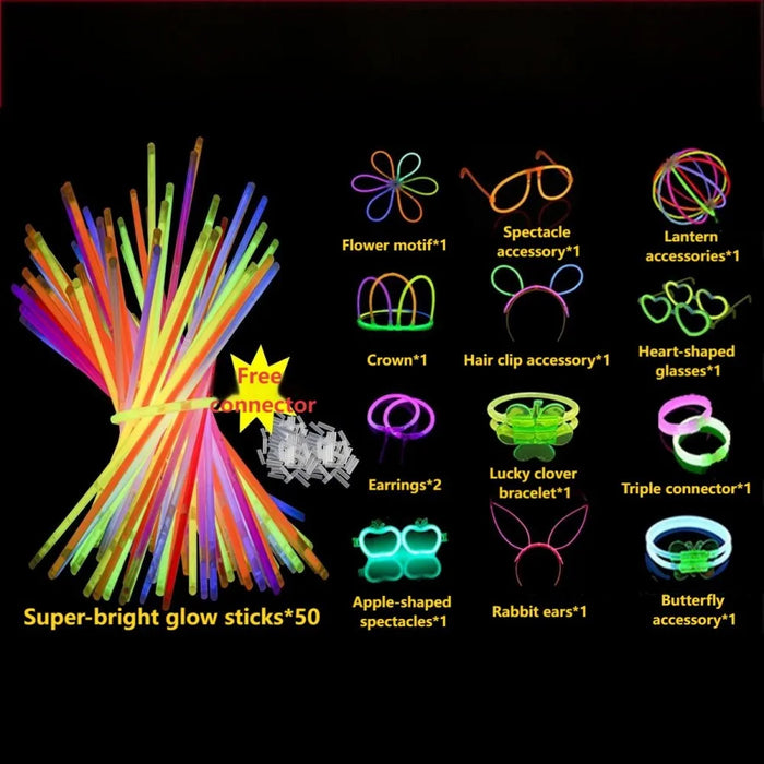 50/100PCS Glow Stick Set with 17 Accessories DIY Perfect for Vibrant Party Supplies for Concert Halloween Festivals Events‌ Part