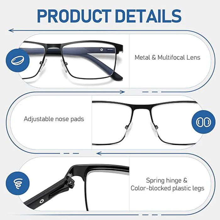 Multifocus Progressive Reading Glasses Men Blue Light Multifocal Computer Readers No-Line Trifocal Near Range