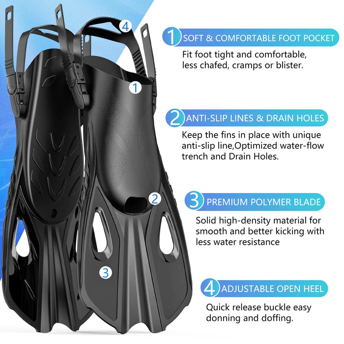 Mask Fins Snorkel Set 4 in 1 Panoramic View Dry Top Adjustable Short Dive Flippers Travel Bag Scuba Gear Diving Swimming Adults