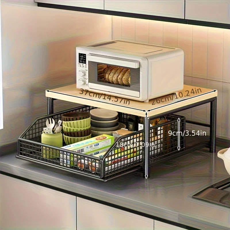 Space Saving Sturdy Hardwood Kitchen Countertop Organizer with Drawer and Wire Basket for Coffee Maker