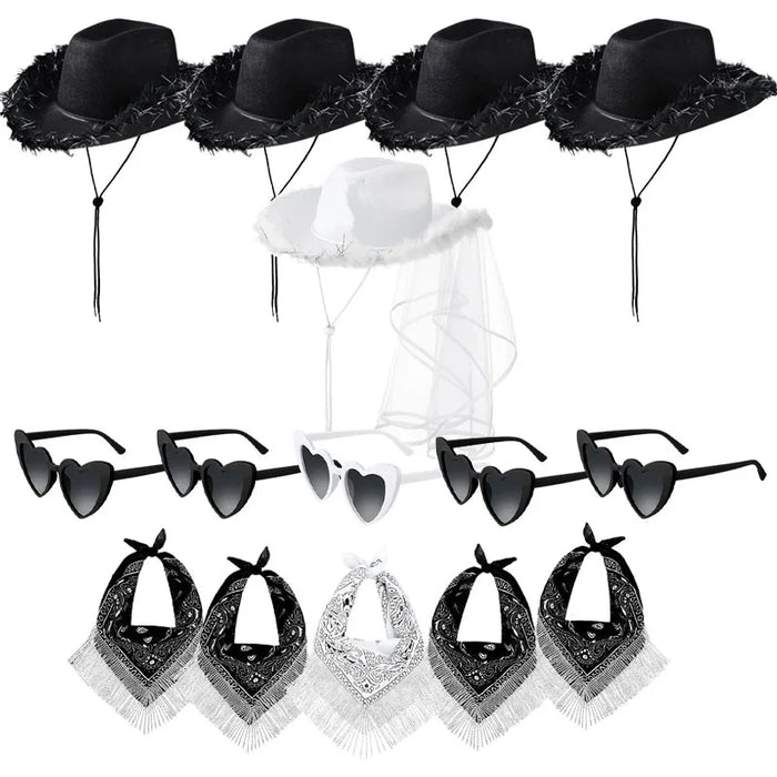 Lot de 5-12 Chapeaux de cow-girl/cowboy pour enterrement de vie de jeune fille, mariage, avec bandana en strass et lunettes en forme de cœur pour une dernière soirée disco