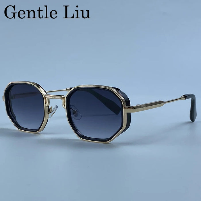 Lunettes de soleil polygonales carrées Steampunk Homme 2026, marque de luxe, monture métallique géométrique vintage, verres dégradés photochromiques