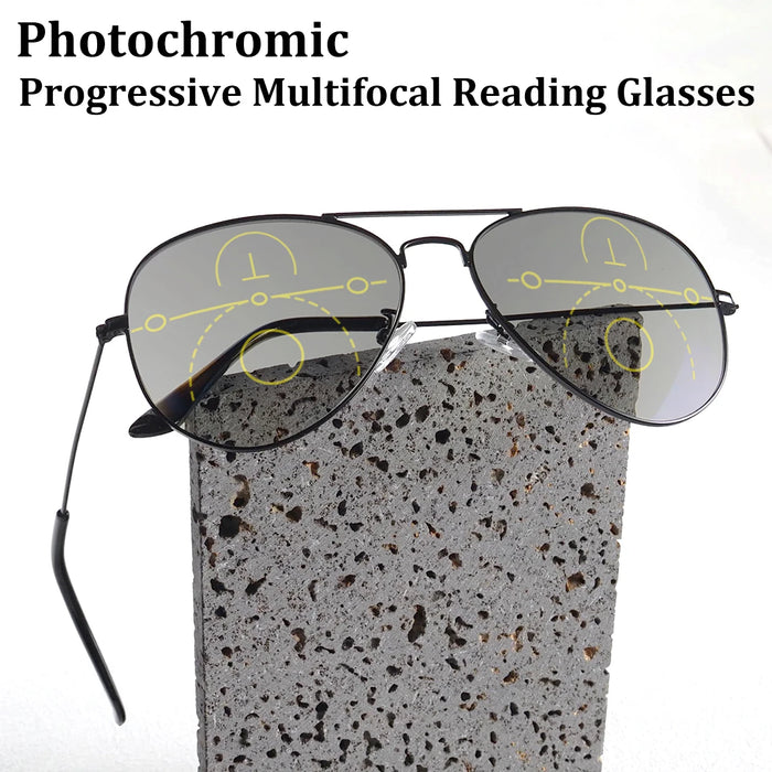 Gafas de lectura progresivas fotocromáticas multifocales clásicas tipo aviador para hombre y mujer, montura de metal, antiluz azul, para presbicia