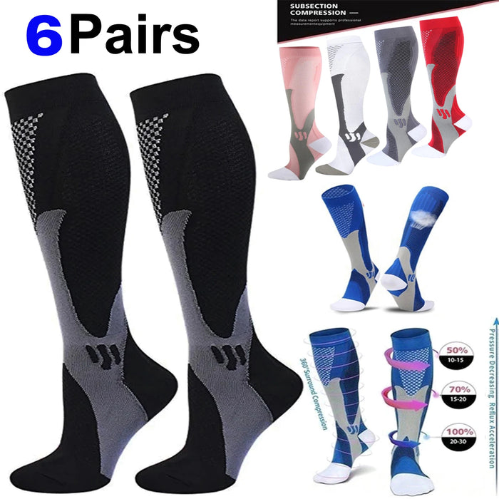 6Pairs Compression Socks 20-30mmHg High Stockings Men & Women Sports Marathon Cycling Football Varicose Veins EU35-45