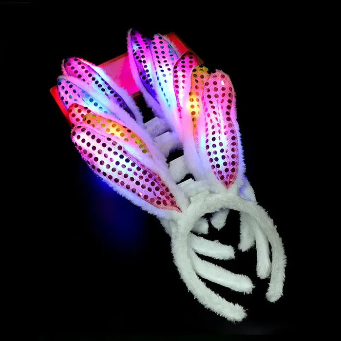 10pcs Adult Kids LED Glow Party Sequin Cat Bunny Crown Flower Headband Halo Light Up Wreath Hairband Birthday Gift Wedding