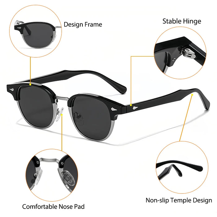 HBK Classic Men's Small Round Sunglasses Semi Frameless Metal Frame Design Sun Glasses Women's Business Outdoor Driving Eyewear