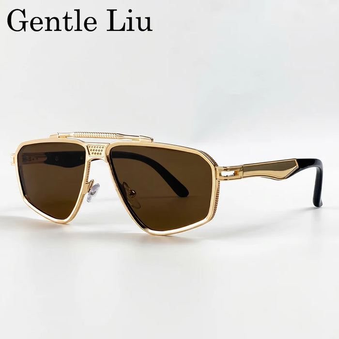 Steampunk Polygon Sunglasses Men 2026 Luxury Brand Designer Metal Frame Square Double Bridge Sun Glasses Vintage Driving Shades