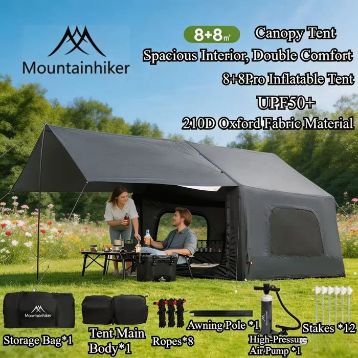 MOUNTAINHIKER 8+8m² Inflatable Tent Camping 4-6 Person Waterproof Family Awning Beach Tent Quick Open Fishing Picnic Park Tent
