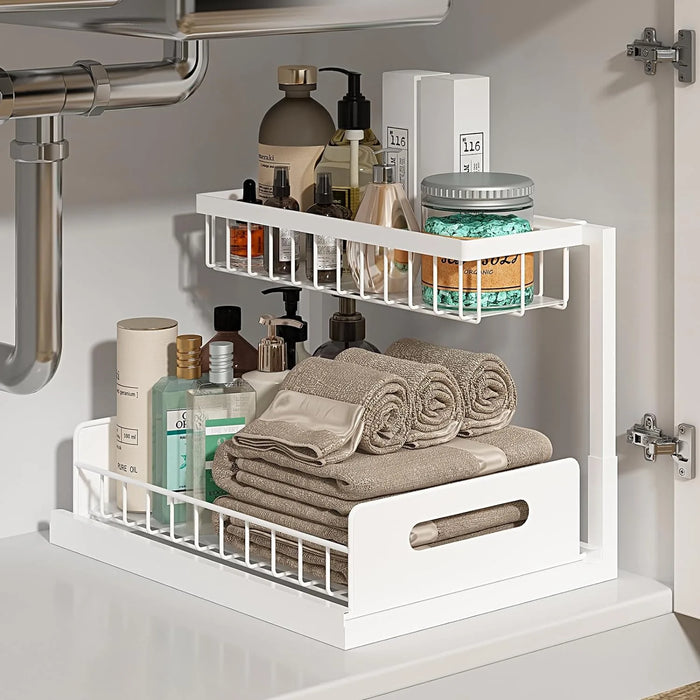 2 Tier Under Sink Organizer Pull Out Storage Rack With Sliding Drawer Wire Basket For Kitchen Bathroom Cabinet Organization