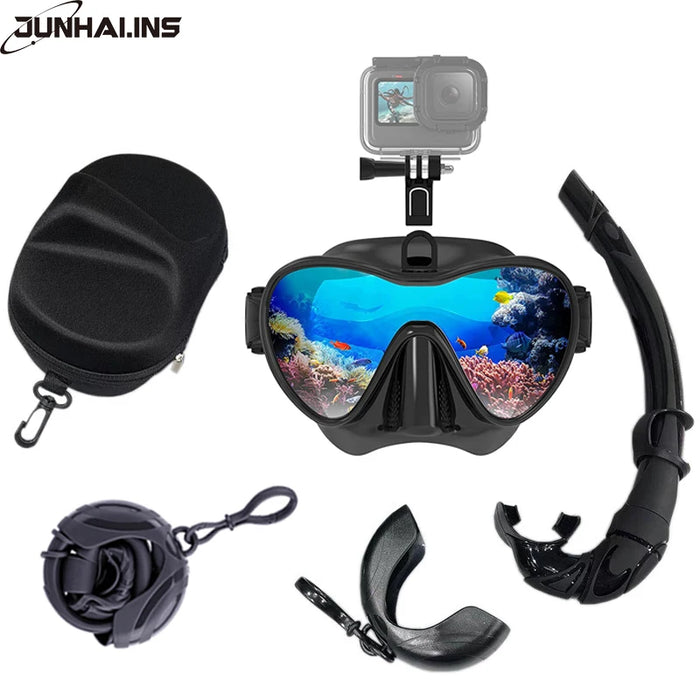 Wet Low Volume Diving Mask Tempered Glass Freedive Mask J-type Diving Mask Snorkel Set with Camera Mount Black