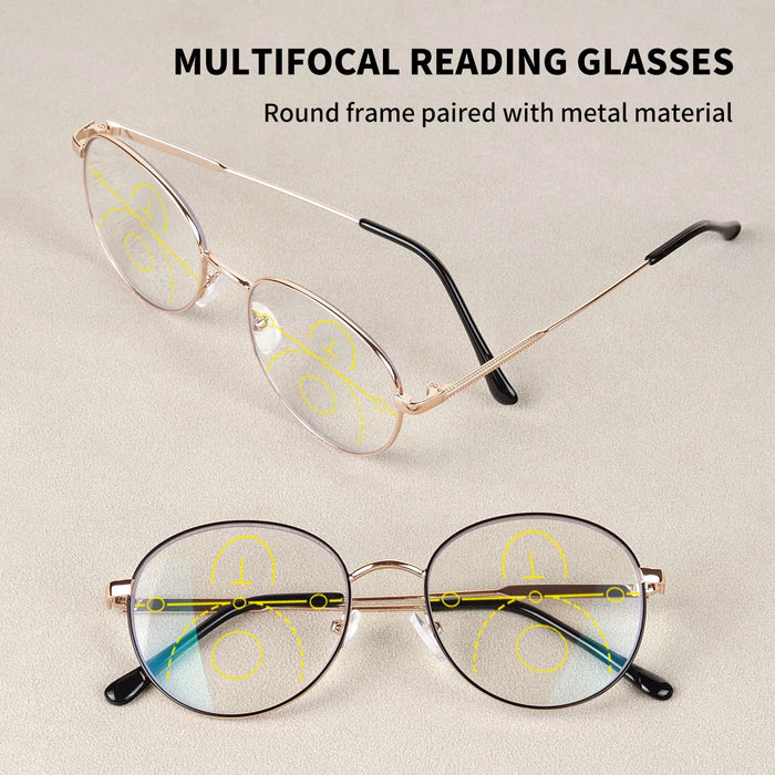 Progressive Multifocal Reading Glasses for Women Men Fashion Round Metal Frame Triple Zone Presbyopic Eyeglasses Computer Reader