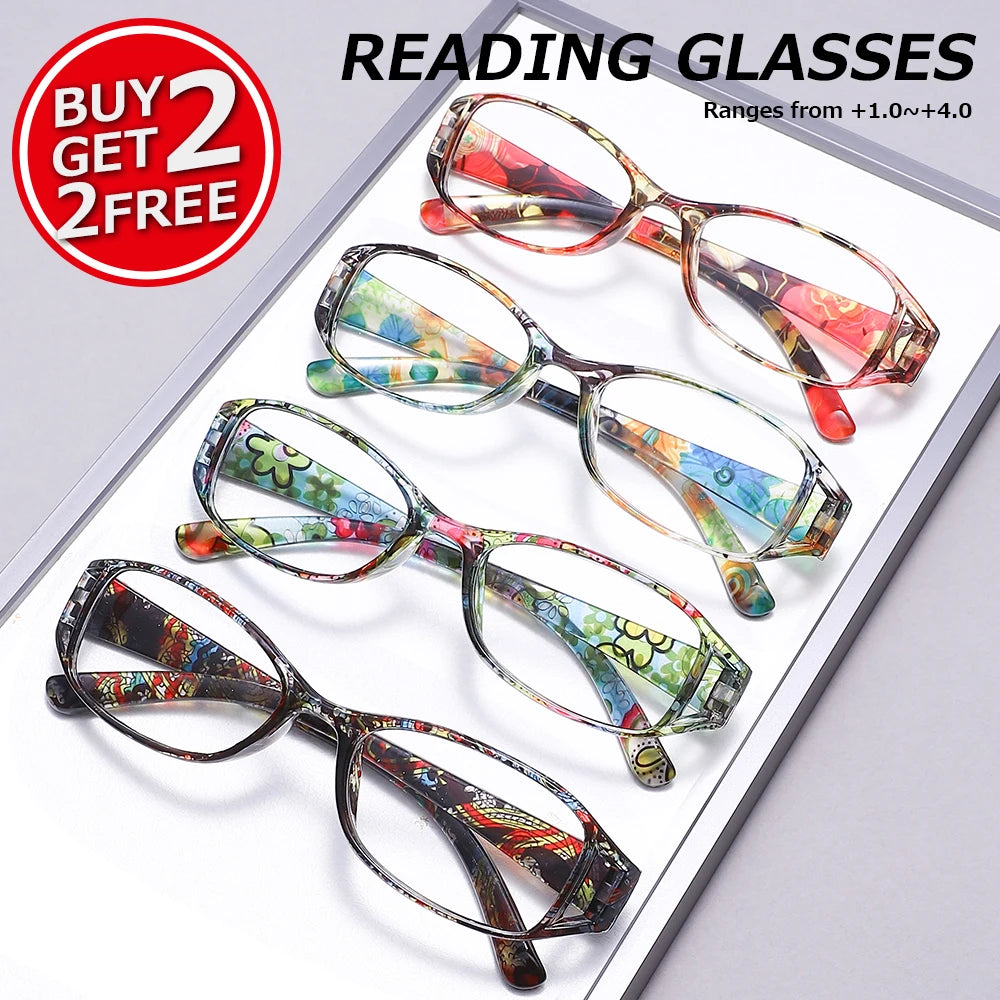 4 Pairs of Printed Reading Glasses Set for Women, Anti Blue Light Reading Multi Color Portable Reading Glasses