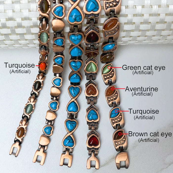 Vinterly Pure Copper Bracelet Magnetic Therapy 22cm Vintage Artificial Turquoise Benefits Chain Link Jewelry Blue Stones Magnets