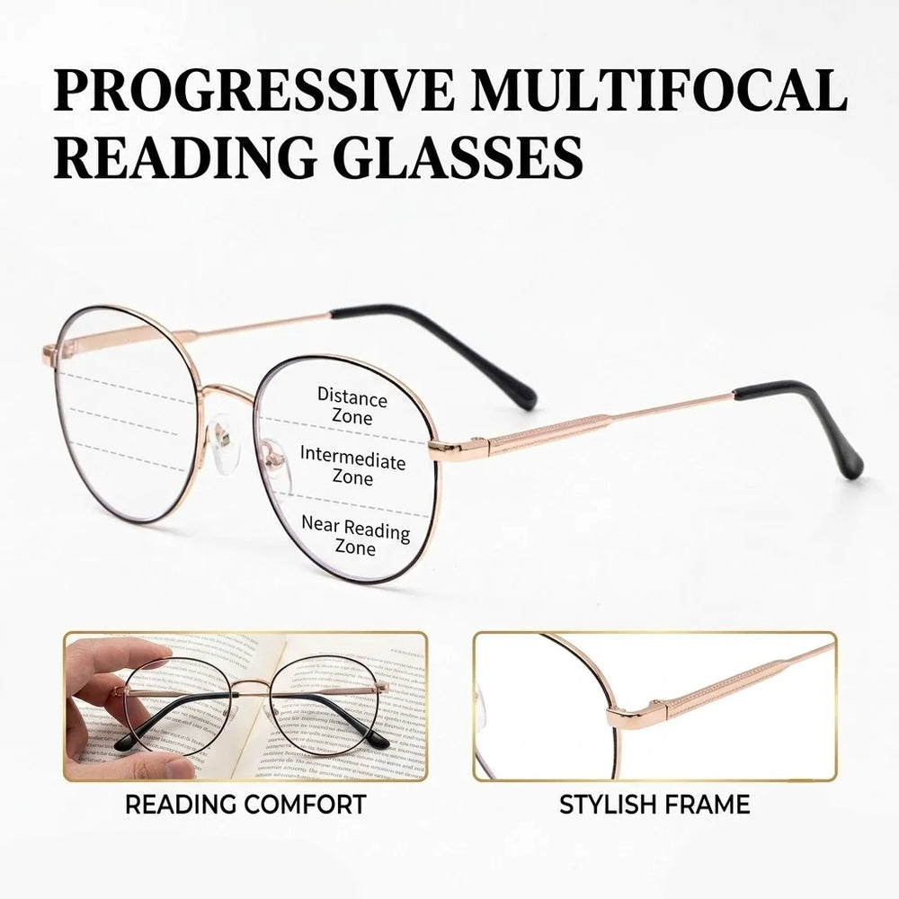 Progressive Multifocal Reading Glasses for Women Men Fashion Round Metal Frame Triple Zone Presbyopic Eyeglasses Computer Reader