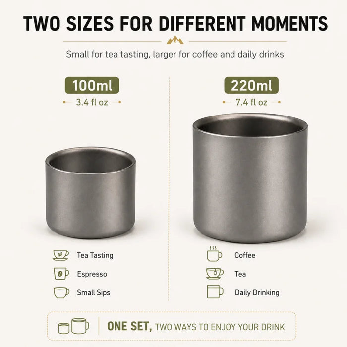 Pure Titanium Double-Wall Cup Set, 100ml & 220ml Coffee and Tea Cups, Lightweight Nesting Drinkware for Home Travel and Outdoors