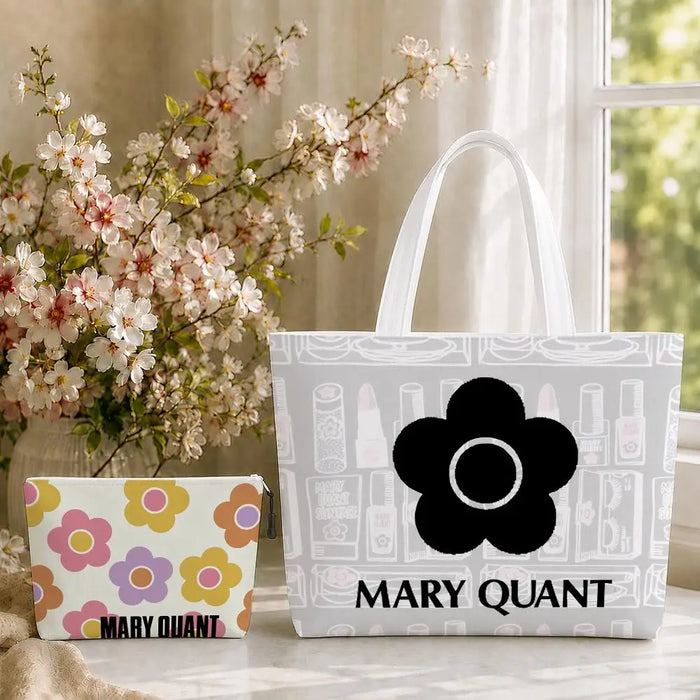 Fashion M-Mary Quant Storage Bags 2-Piece Canvas Tote Bag Set with Zipper Pouch Large Capacity Shopping Travel Bag