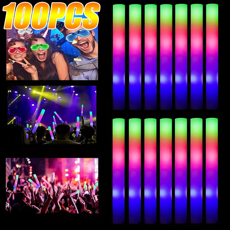 1-100Pcs LED Glow Sticks Bulk Colorful RGB Glow Foam Stick Cheer Tube Dark Light for Xmas Birthday Wedding Party Supplies