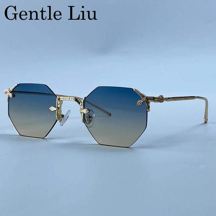 Vintage Rimless Octagon Sunglasses Men 2026 Luxury Designer Steampunk Gold Metal Frame Sun Glasses Retro Hip Hop Frameless Shade