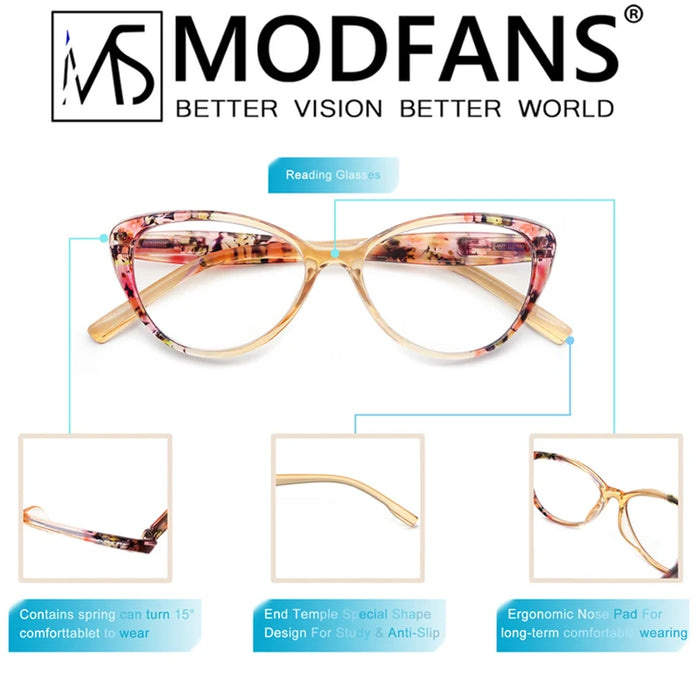 Cat's Eye Women's Anti-Blue Light Reading Glasses,, Floral Pattern Fashion Lightweight Frame, Diopter +0 ~ +4.5