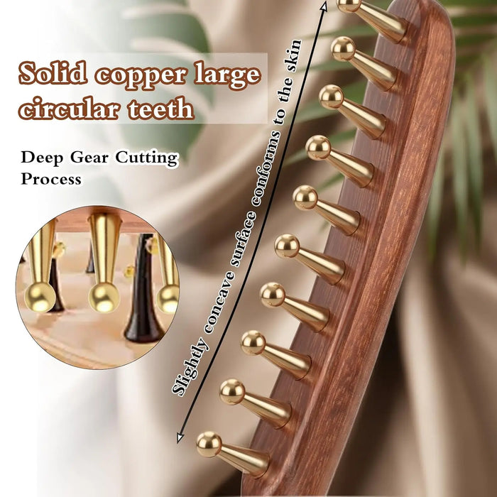 Sandalwood Copper Bead 10 Tooth Scalp Massage Comb and Acupressure Face Massager for Jaw Tension Relief Facial & Neck Relaxation