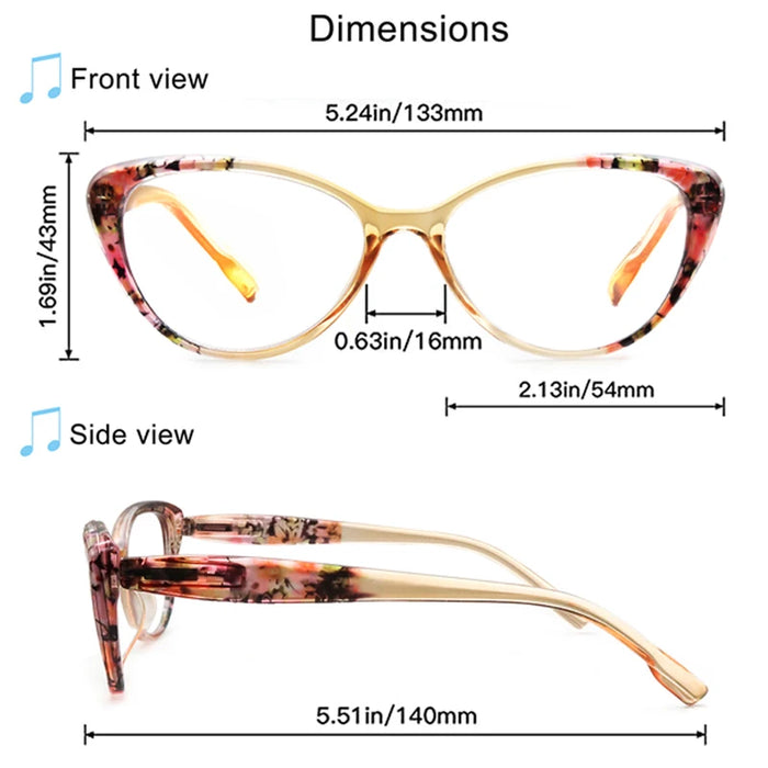 Cat's Eye Women's Anti-Blue Light Reading Glasses,, Floral Pattern Fashion Lightweight Frame, Diopter +0 ~ +4.5