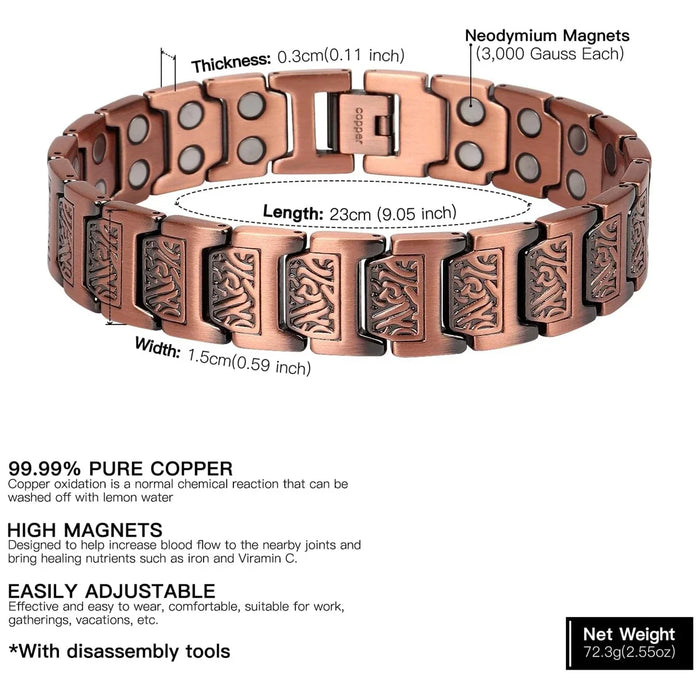 ARADOO Copper Bracelet for Men 100% Pure Copper Magnetic Link Bracelets Jewelry Gift with Adjustable Sizing Tool