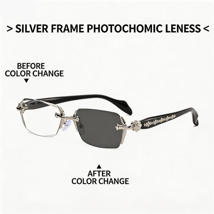 Lunettes de vue sans monture unisexe pour la myopie, avec montures en métal et verres photochromiques ; adaptées à un usage quotidien au bureau.