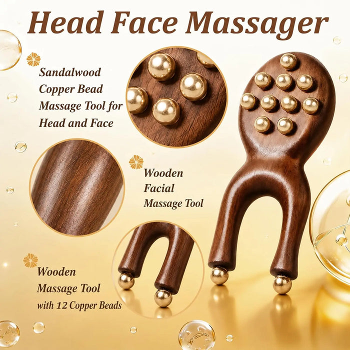 Sandalwood Copper Bead 10 Tooth Scalp Massage Comb and Acupressure Face Massager for Jaw Tension Relief Facial & Neck Relaxation