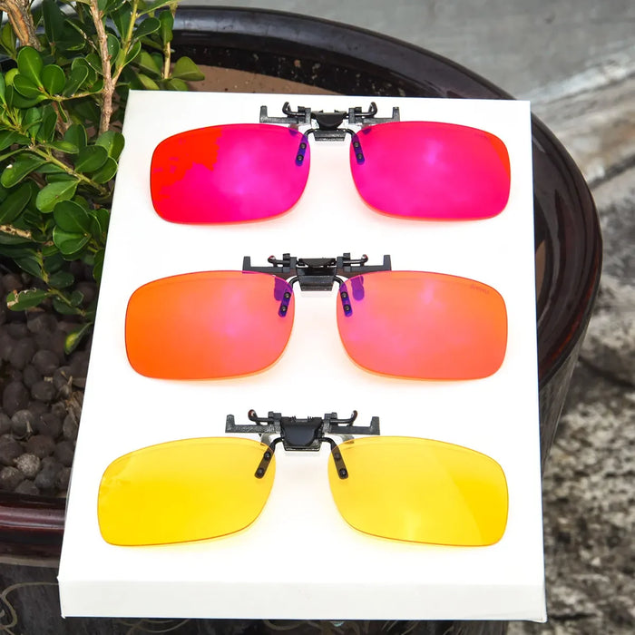 Antilentes de luz azul con clip Lentes rojos con clip para dormir mejor Lente naranja con clip para jugar o trabajar Lente amarilla polarizada para conducir