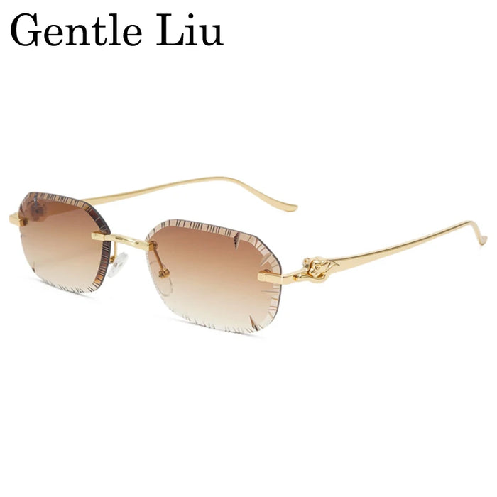 Petites lunettes de soleil rectangulaires punk sans monture homme 2026, monture léopard de luxe sans bords, verres découpés, style rétro, monture métal doré